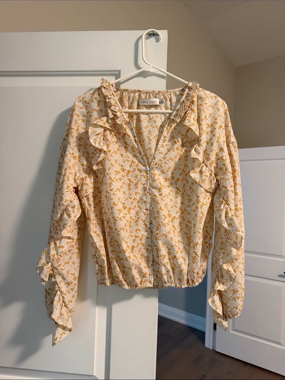 bishop + young Cream Blouse with Mustard Floral Print and Ruffles